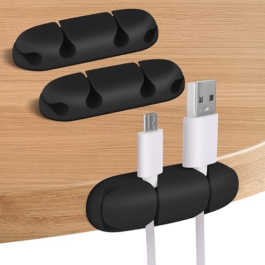 WLLHYF 3PCS Cable Clips, Cord Wire Organizer (Black) | Cable Management Holders, 4 Hole Silicone Cable Harness, USB Charging Accessory for Office and Home Desk