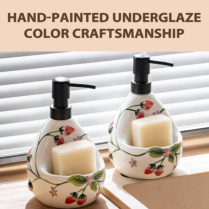 Ceramic Soap Dispenser with Sponge Holder,22oz Charming Strawberry 3D Embossed Design - 2-in-1 Kitchen Hand & Dish Liquid Soap Pump Set for Countertop Sink, Cute Cottagecore Character in White