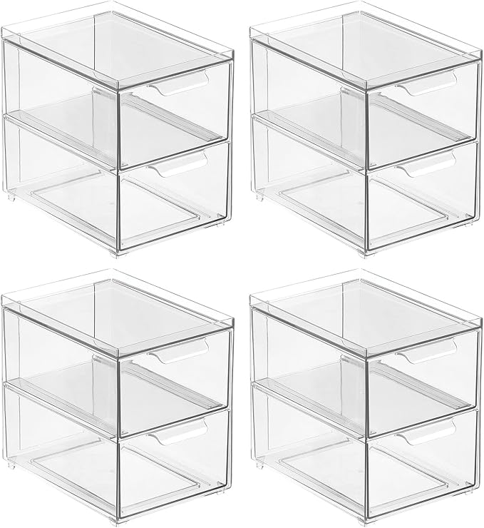mDesign Stackable Storage Containers Box with 2 Pull-Out Drawers - Stacking Plastic Drawer Bins for Closet Organization, Linen, Coat, Bedroom or Entryway Closets - Lumiere Collection - 4 Pack, Clear