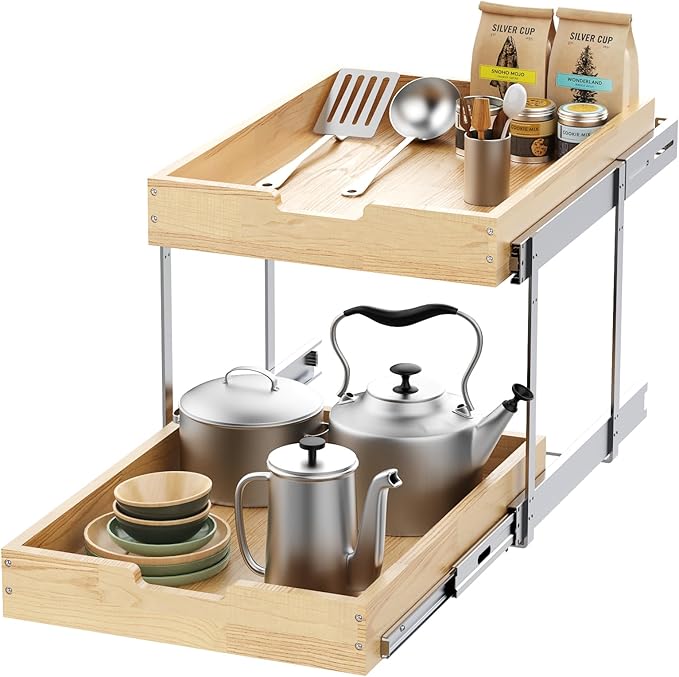 Sikarou Wood Pull Out Cabinet Organizer 2 Tie 23" W x 21" D, Heavy-Duty Sliding Drawers for Inside Cabinets Storage and Organization for Kitchen, Pantry, Bathroom