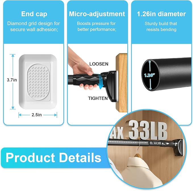 Closet Rods For Hanging Clothes,41-87 In Extra Long Tension Rod For Closet,Adjustable Rod Without Drilling 33lb Heavy Duty Closet Rods Diameter 1.26in-One-Bond Stretching,Black