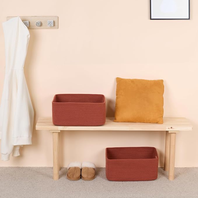 MiniArk Large Storage Baskets for Shelves, 17 x 13 x 7.5” Closet Organizers Bins for Clothes Blanket Towels, Baby Nursery, Toy Baskets Box, Woven Rope Baskets, 2 Packs Oxide Red