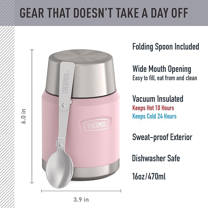 THERMOS, Stainless Steel Food Jar with Spoon, 16 Ounces, Sunset Pink