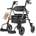 Walkers for Seniors, 2 in 1 Rollator Wheelchairs Combo 10" Big Wheels Walker with Seat, Rollator Transport Chair with Brakes Folding Rolling Walker for Adults, Grey