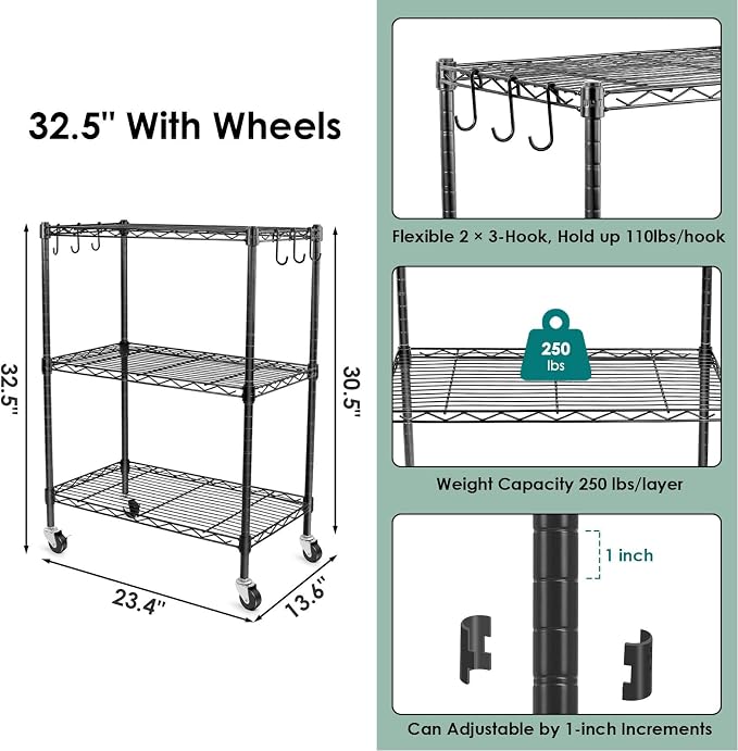 WDT 3-Tier Storage Shelves, Heavy Duty Metal Shelves Wire Rack Shelving Unit, Adjustable Shelf with Wheels for Home Office Garage Kitchen Bathroom,23.4" Wx13.6 Dx32.5 H