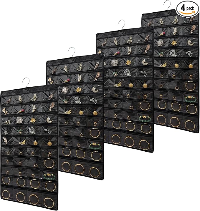 80 Pocket Hanging Jewelry Organizer with Hanger Metal Hooks Storage On Wall Door Closet Double-Sided(Each Side 40 Pockets) Jewelry Holder for Earrings, Necklaces, Rings (4 PACK BLACK)