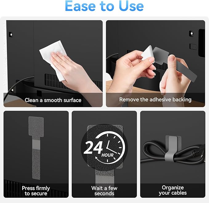 100Pcs per Pack，Hook and Loop Cable Ties, Self Adhesive Cable Straps, Reusable Adjustable Cord Organizer for Desk, Under Desk Cable Management, Home & Office Essentials, Grey