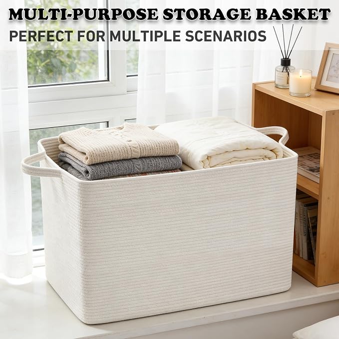96L XXXLarge Woven Laundry Basket with Sturdy Handles - White | 24x16x15 Foldable Rectangular Blanket Basket for Toys, Clothes & Pillows,Ideal for Nursery, Bathroom, Bedroom, Living Room