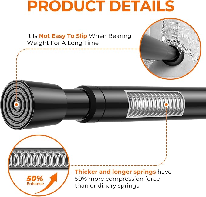 Tension Curtain Rod 28-38 Inch No Drill Expandable Spring Loaded Curtain Rods Adjustable, Small Tension Rod for Window, Kitchen, Closet, Bathroom, Black