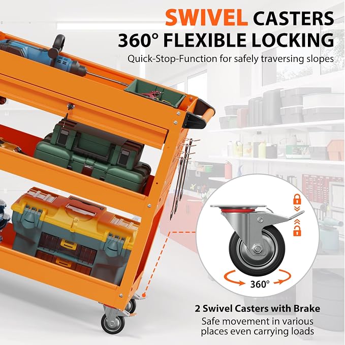 3 Tier Heavy Duty Rolling Tool Cart with Drawers, Large Storage Utility Cart on Wheels for Garage, Warehouse, Repair Shop (Orange)