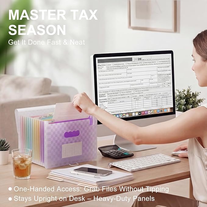 ThinkTex Accordion File Organizer, 12 - Pocket Expanding File Folders for Paper Receipts, Bills & Taxes Organizer, Letter/A4 Size Document Holder for School, Office, Home with tabs-Purple