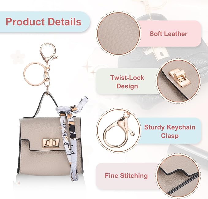 PATIKIL Mini Backpack Keychain, Cute Coin Purse Keychain PU Leather Backpack Purse Key Chain Little Earbud Bag Keychains for Women Mini Card Data Cable Organizer, Beige