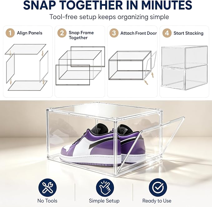 12 Pack Drop Front Shoe Boxes Acrylic Box Sneaker Case Size 12, Transparent Display Cases for Sneaker Collections, Baseball Caps, Hat Organizer Dust-free Shoe Cubbies Stackable Sneaker Boxes
