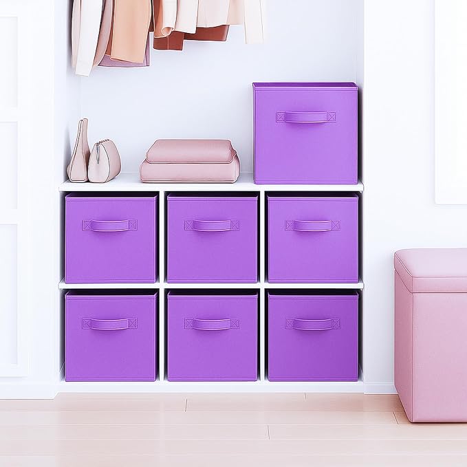 PowerKing Collapsible Storage Cubes, Farbic Storage Bins, Violet, 2 Pack | Sturdy, Lightweight, Easy Pull Handle, Closet & Shelf Organizer, Clothes and Toys Storage, 10.5'' x 11'' x 10.5''