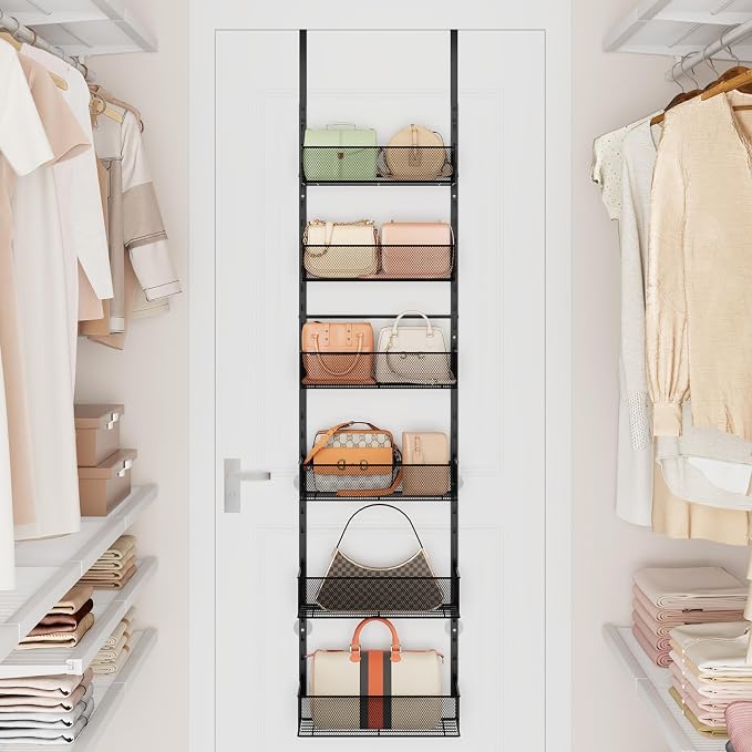 SWTYMIKI Over The Door Purse Organizer - Wall Mounted Purse Rack with 6 Adjustable Metal Basket, Hanging Bag Rack for Handbag Organizer, Bag Storage Can Use As 1/2 Part, for Door