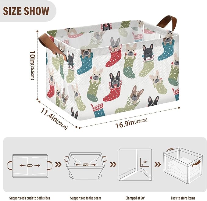 Cute Christmas French Bulldogs Storage Basket Foldable Cube Storage Bins with Handles&Label Waterproof Collapsible Organizer Box Bin Large Rectangle Decorative Baskets for Shelves Home Room Laundry