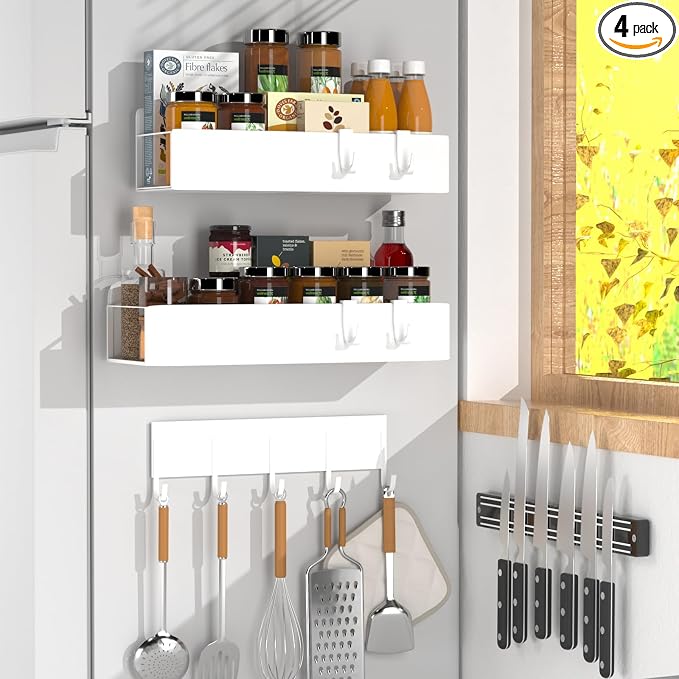 4 Pack Magnetic Spice Rack for Refrigerator,Metal Magnetic Shelf White with Hook,Magnetic Knife Rack,4 Hooks,Space Saving for Home,Kitchen