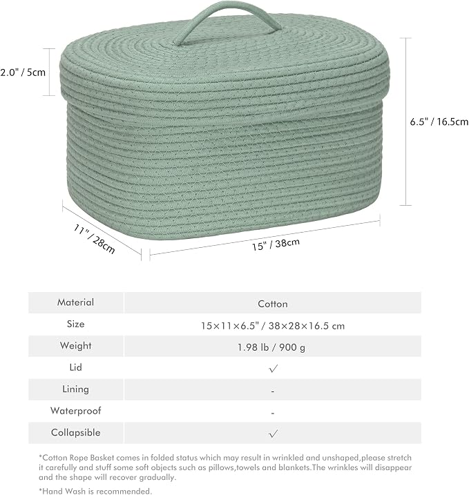 Sea Team Oval Cotton Rope Storage Basket with Lid, Lidded Woven Storage Bin, Nursery Storage Container, Diaper Caddy, Baby Shower Basket, Box, Organizer, 15 x 11 x 6.5 Inches (Medium, Green)