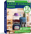 TUXIYA 12PACK 20 Gallon Extra Large Zipper Plastic Bags for Storage 24'' x 32'',Extra Large Clear Zipper Bags Reusable for Clothes, Home Moving, Travel, Camping, Thick 6 Mil