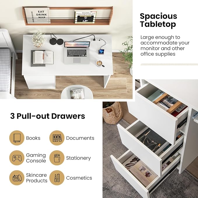 DREAMADE 42" Computer Desk with 3 Drawers and Keyboard Tray, White | Wood Study Desk with Storage, Built-in Charging Station & Slide Out Tray, Writing Table for Home Office Studyroom & Bedroom