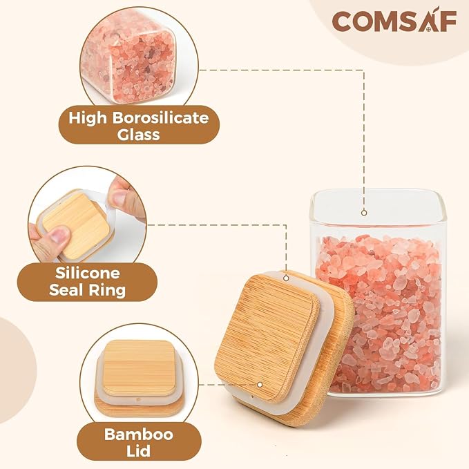 ComSaf Glass Spice Jars with Labels 6 oz 6 Pack Small Square Bamboo Lids | Empty Containers, Seasoning Herbs Powders, Salt Pepper Chili, Kitchen Cabinet Storage Starter Set, Dry Goods