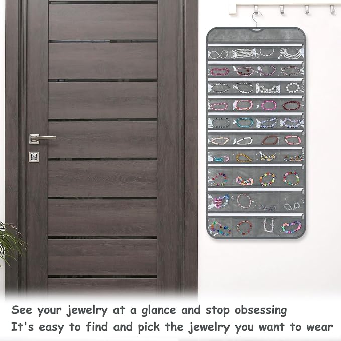 SynHHergyx 2 Pack Zippered Pocket Hanging Jewelry Organizer Dual-Sided Zipper Jewelry Holder Hanging Storage Organizer for Holding Earrings Bracelets Rings, Each with 80 Zippered Pockets