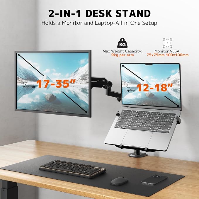 PUTORSEN Laptop Arm Mount for 17-35'' Monitors & 12-18'' Notebook | 19.8lbs per Arm, Laptop Monitor Mount with Adjustable Laptop Tray, C-clamp or Grommet Mount,VESA 75/100mm