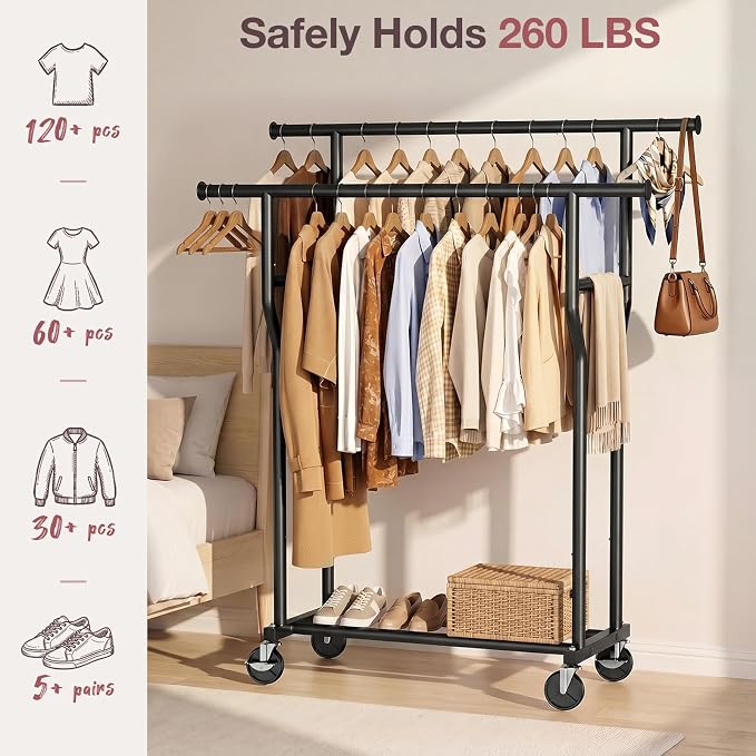 Clothes Rack, Double Rods Rolling Clothing Rack for Hanging Clothes Load 260 LBS Closet Rack with Wheels, Metal Portable Garment Rack for Bedroom Laundry Living Room, Black