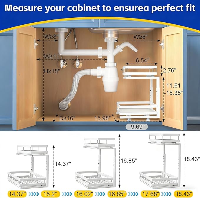 Under Sink Organizer, Dual-Rail Ball-Bearing, Under Kitchen Sink Organizer, 6-Level Adjustable, Under Cabinet Organizer, No-Drill Adhesive/Suction, Under Sink Storage (white, 2-pack)