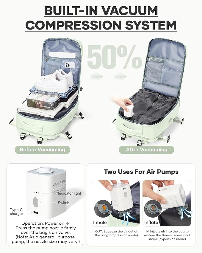 coofay Vacuum Backpack Travel with Pump Vacpack Travel Backpack with Vacuum System Compression Backpacks