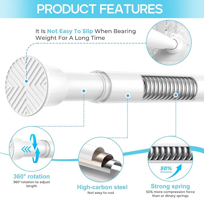 2 Pack Spring Tension Curtain Rod 32-76 inch, Adjustable Expandable Tension Curtain Rod No Drilling, Tension rods for Window Doorway Kitchen Curtain, White