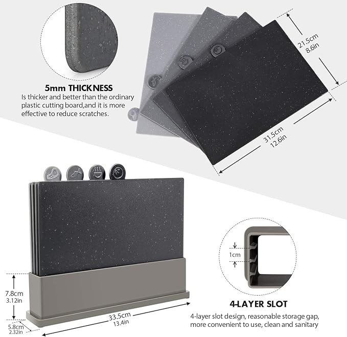MASTERTOP Cutting Board Set for Kitchen - Index Plastic Chopping Board Set of 4, BPA Free, No Slip, Dishwasher Safe, Thicker Cutting Boards With Draining Rack Organizer