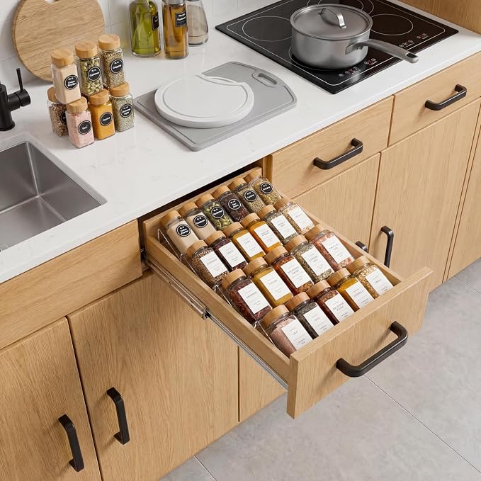 LETGO 4 Pack Adjustable Spice Rack for Drawer - 9" to 17.7" Expandable Spice Drawer Organizer 4 Tier Acrylic Seasoning Organizer Rack,Clear Spice Rack Tray for Spices,Condiment,Nail Polish and Jar (4)