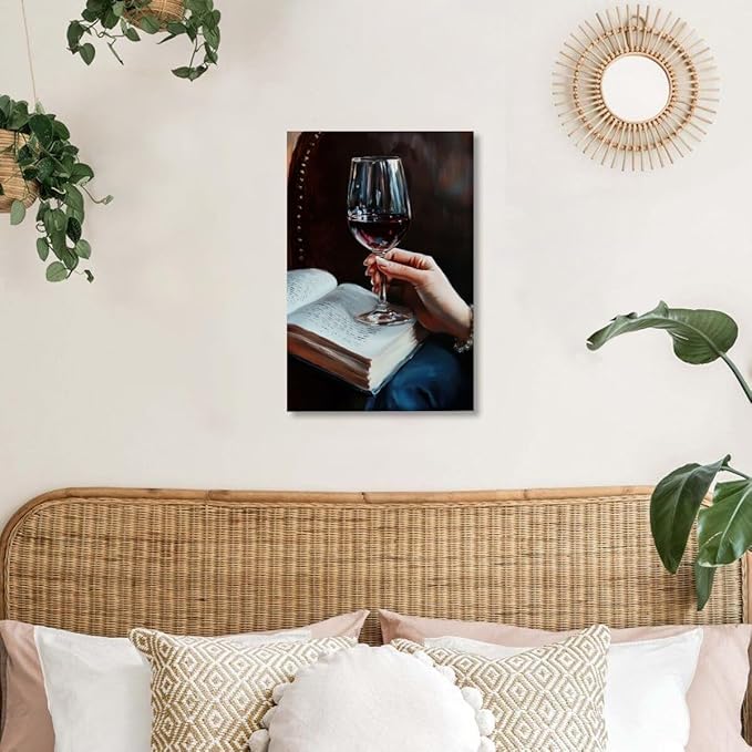 Wine and Book Girl Reading With Drink Art Aesthetic Poster Canvas Wall Art Decoration Living Room Home Decor Bedroom Decoration Poster Unframed20x30inch