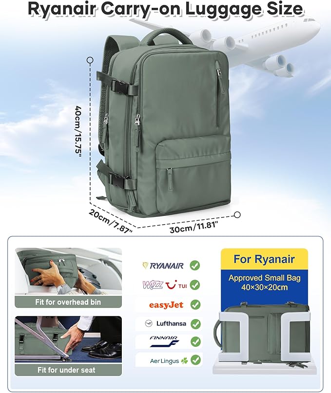 Travel Backpack Women,Carry On Backpack Flight Approved 18x14x8 inches Bag Spirit Airlines Personal ltem,College Sports Hiking Rucksack Waterproof Outdoor Casual Daypack Laptop Blackpack Men,Green