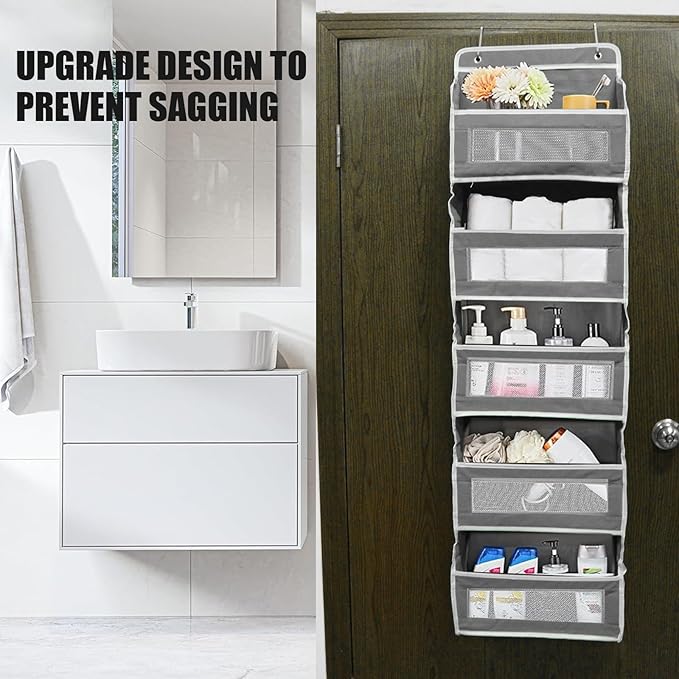 5-Tier Hanging Door Storage Rack Includes 5 shelves and 5 side mesh pockets Multi-compartment design Holds up to 44 lbs Ideal for bathrooms, bedrooms, nurseries, and kitchens (Gray/Black/Charcoal)