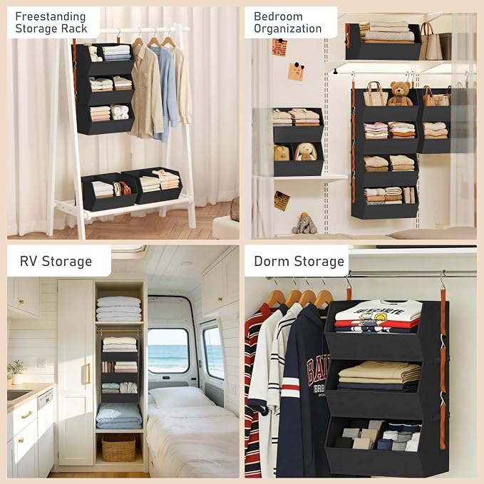 DIMJ Hanging Closet Organizer Extra Large, Clothes Hanging Shelves for Closet with Divider, Collapsible Closet Storage System, Fabric Storage Bins for Home, Black, 15.75 × 12.20 × 9.44, 3 Pack