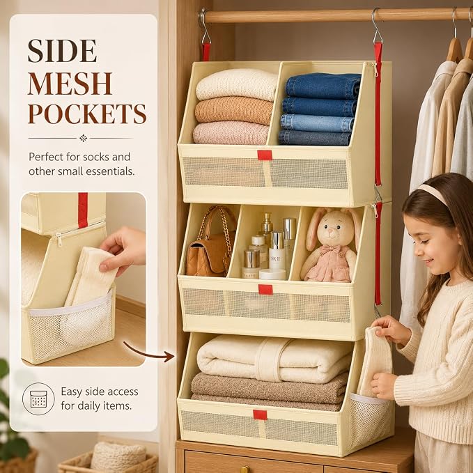 Fabric Hanging Closet Organizer Heavy Duty Shelf Hanging Storage Towel Clothes Sweater Jeans Bag Organizer For Closet For Bedroom,Dorm,RV,See Through Front Panel, Space-Saving (Beige-3Tier Extra Wide)