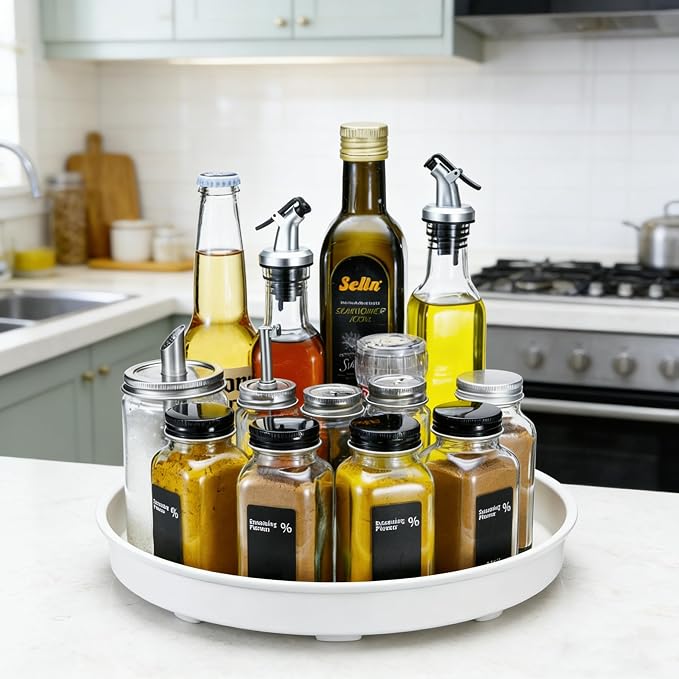 Amolliar Lazy Susan Organizer, Tray for Household Purpose, Metal Rotating Turntable for Cabinet, Kitchen, Fridge, Pantry Storage, Vanity, Spice Rack Condiment, Under Sink Organizer, White 10" 4 Pack
