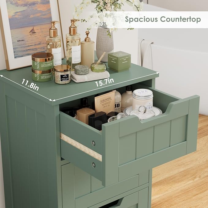 FOTOSOK Bathroom Cabinet, Bathroom Storage Cabinet with 5 Drawers, Wooden Storage Cabinets with Cut-Out Handles, 11.8” x 15.7” x 40.1” Bathrooms Floor Cabinets for Hallway/Living Room, Green