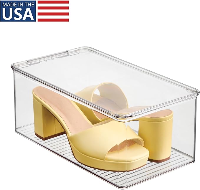 iDesign Stackable Shoe Box with Hinged-Lid, Clear | For Wedges or Sandals, Made in USA