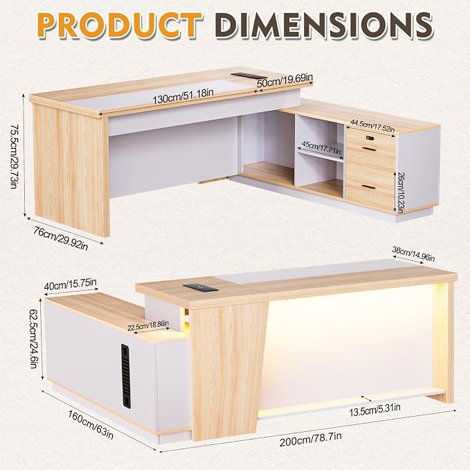 Ceridwen L-Shaped Large Wooden Reception Desk with LED Ambient Light, Power Outlet & Lockable Drawers, Modern Corner Office Desk with Storage & Charging Station for Home Office & Business
