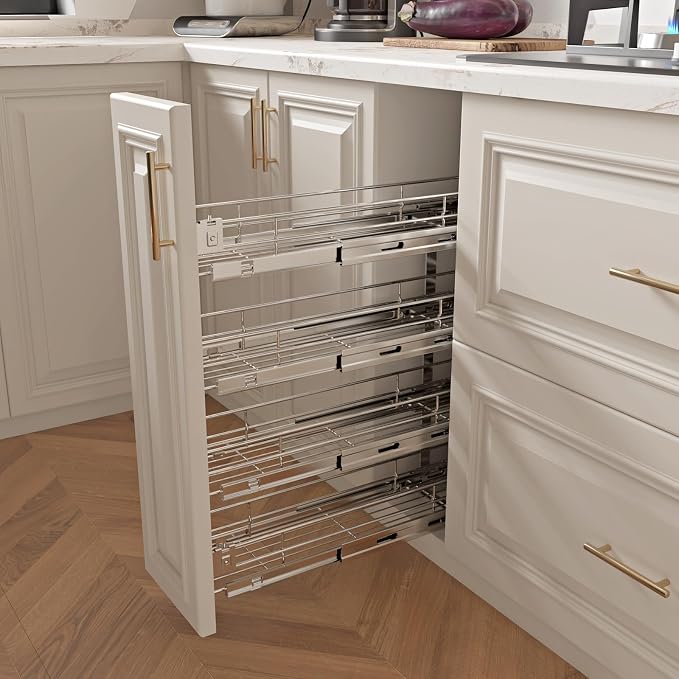 Sikarou 4-Tier 8" W x 21" D Narrow Pull Out Cabinet Organizer, Roll out Spice Rack Holder Shelve, Slide Out Slim Storage Wire Baskets for Storage Organization