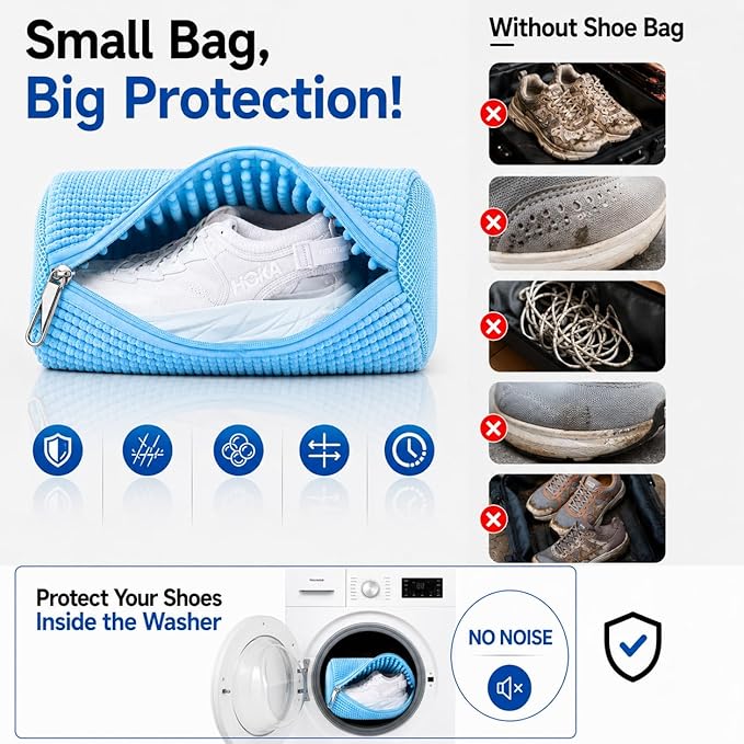 EPSCY Shoe Washing Machine Bags - Reusable Sneaker Laundry Shoe Bag with 360° Deep Clean Mesh - Self Locking Zipper, Noise Reduction Washing Bag Fits All Shoes Sizes and Types - Blue, Pack of 2