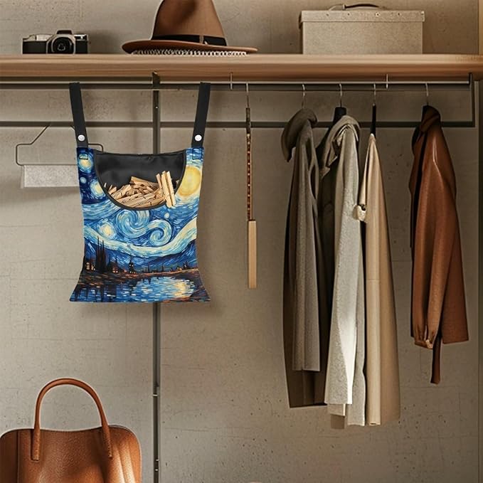 Van Gogh Starry Night Clothespin Bag with Hanging Rope 14.5 x 12 Inch Summer Waterproof Laundry Clothes Pin Holder Clothespin Storage Organizer with Large Opening
