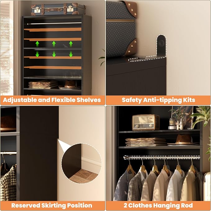 Unikito 72'' Closet System with 4 Hanging Rods, Walk-in Clothing Organizer, 2-Piece Wood Garment Rack for Bedroom, Black