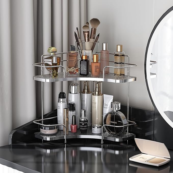 FOLLOWIN 2 Tier Countertop Corner Organizer - Corner Storage for Bathroom Counter, Makeup Cosmetics, Skincare, Perfume Stand Holder, Metal Stable Frame with Clear Acrylic Trays, Silver