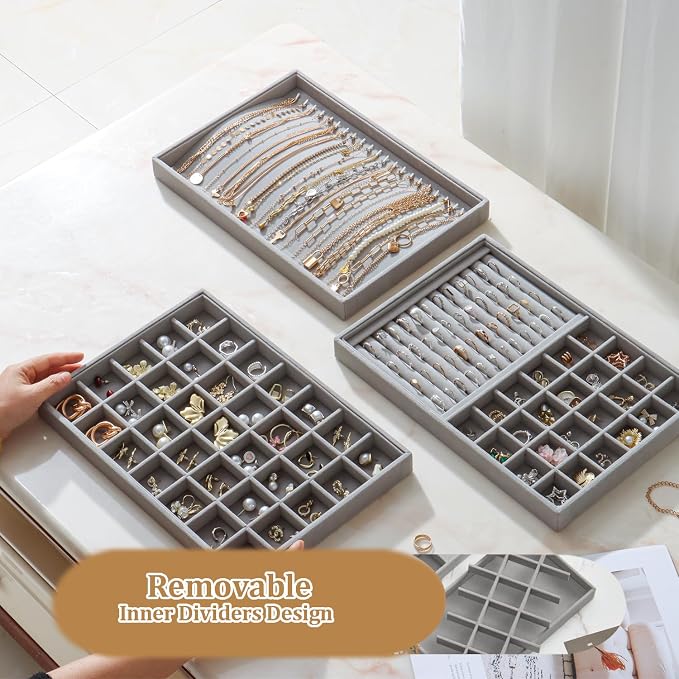 Large Jewelry Organizer for Drawer Insert Velvet Stackable Jewelry Trays for Earring Necklace Bracelet Ring Display (Gray, 35 Grids)