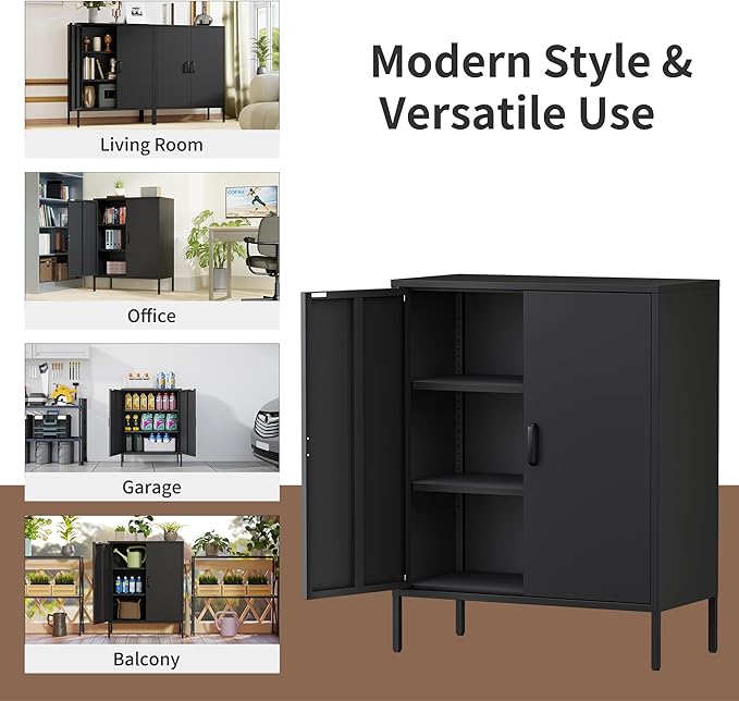 Washsemba Metal Storage Cabinet with Doors and Shelves,Multipurpose Storage Rack, 3-Tier Shelf,Metal Locker Style Accent Cabinet for Home Office,Living Room,Kitchen (Black, 40''H)