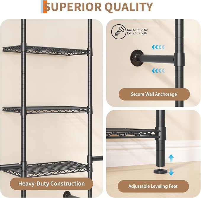 Garvee L4 Wall Mounted Pipe Closet System, Matte Black | Carbon Steel, Expandable Rods 23.62-35.43 in, 8 Wire Shelves, Closet Storage